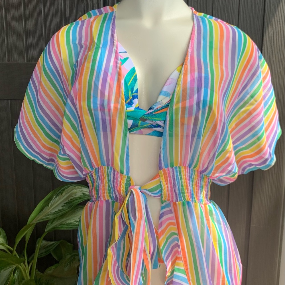 America & Beyond Rainbow Striped Dress/Coverup Size L NWT